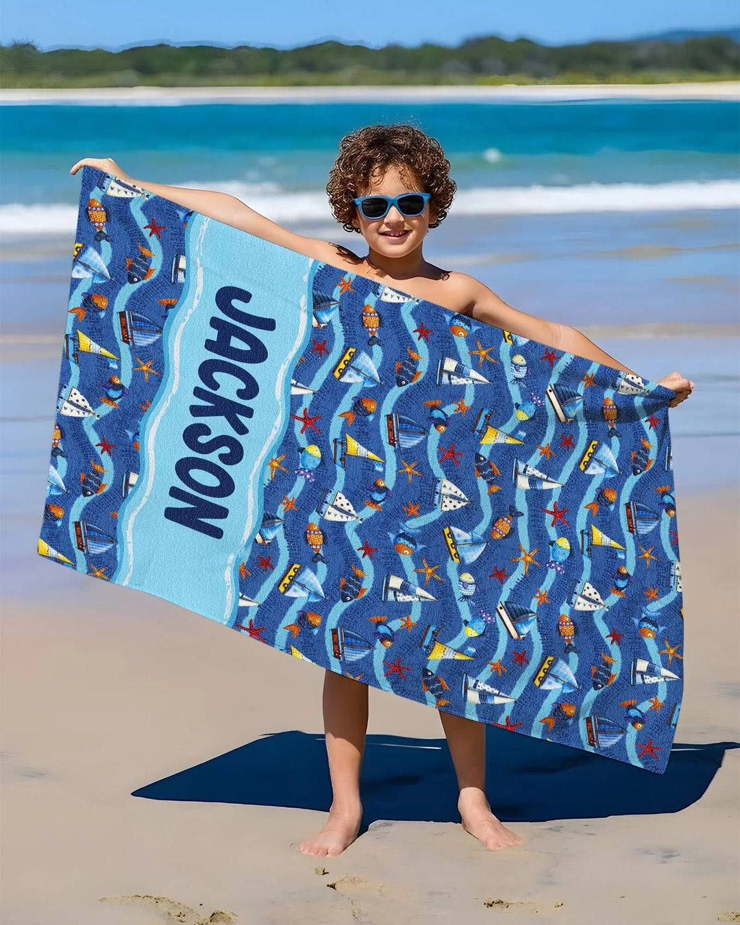 Blue Sail La Vie Familien-Strandtuch aus Bambus