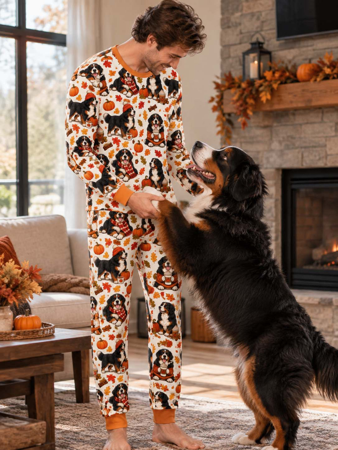 Bernese Mountain Dog Autumn Cozy Bamboo Men's Pajama Set