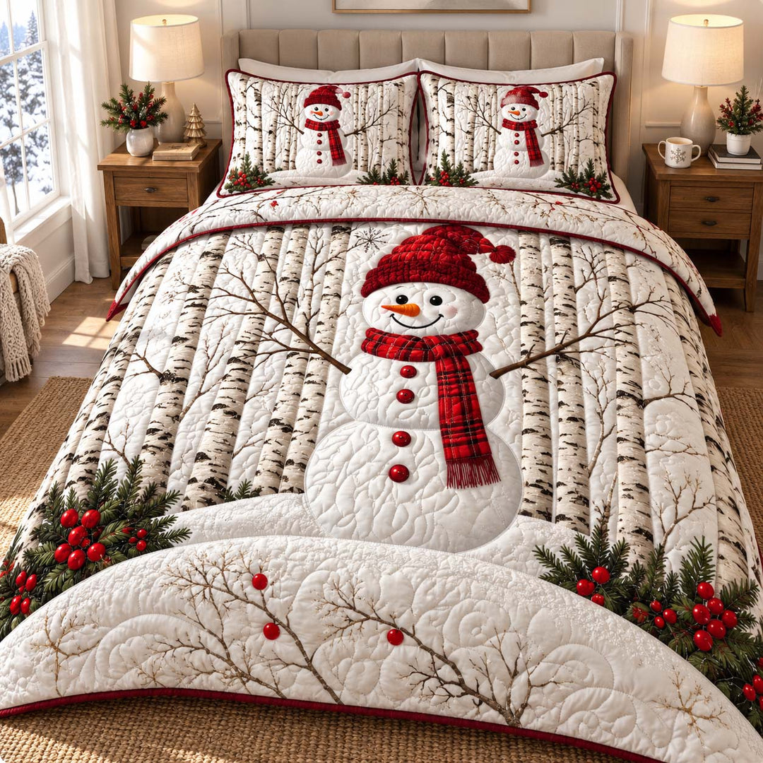 Birch Forest Snowman Christmas Bamboo Quilt Bedding Set