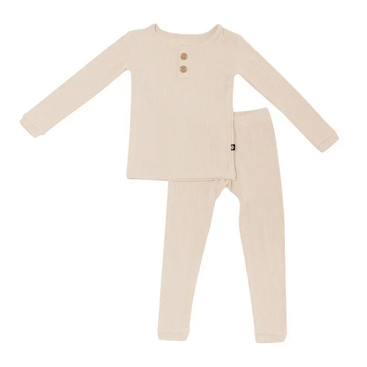 Waldgrünes, geripptes, zweiteiliges Pyjama-Set mit langen Ärmeln 