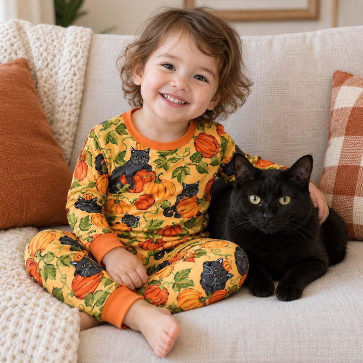 Black Cats in the Pumpkin Patch Bamboo Two Piece Long Sleeve Pajama Set
