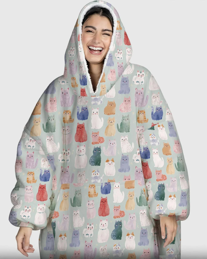 Verzauberte glückliche Kätzchen-Familie passende Hoodie-Decke aus Bambus