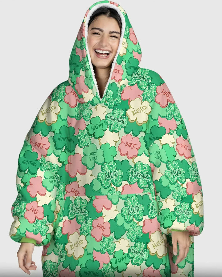 Lucky Vibes Shamrock Tragbare Bambus-Deckenkapuzenjacke