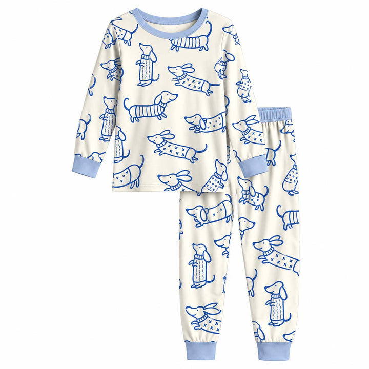 Blue Dachshund Sweaters Bamboo Two Piece Long Sleeve Pajama Set