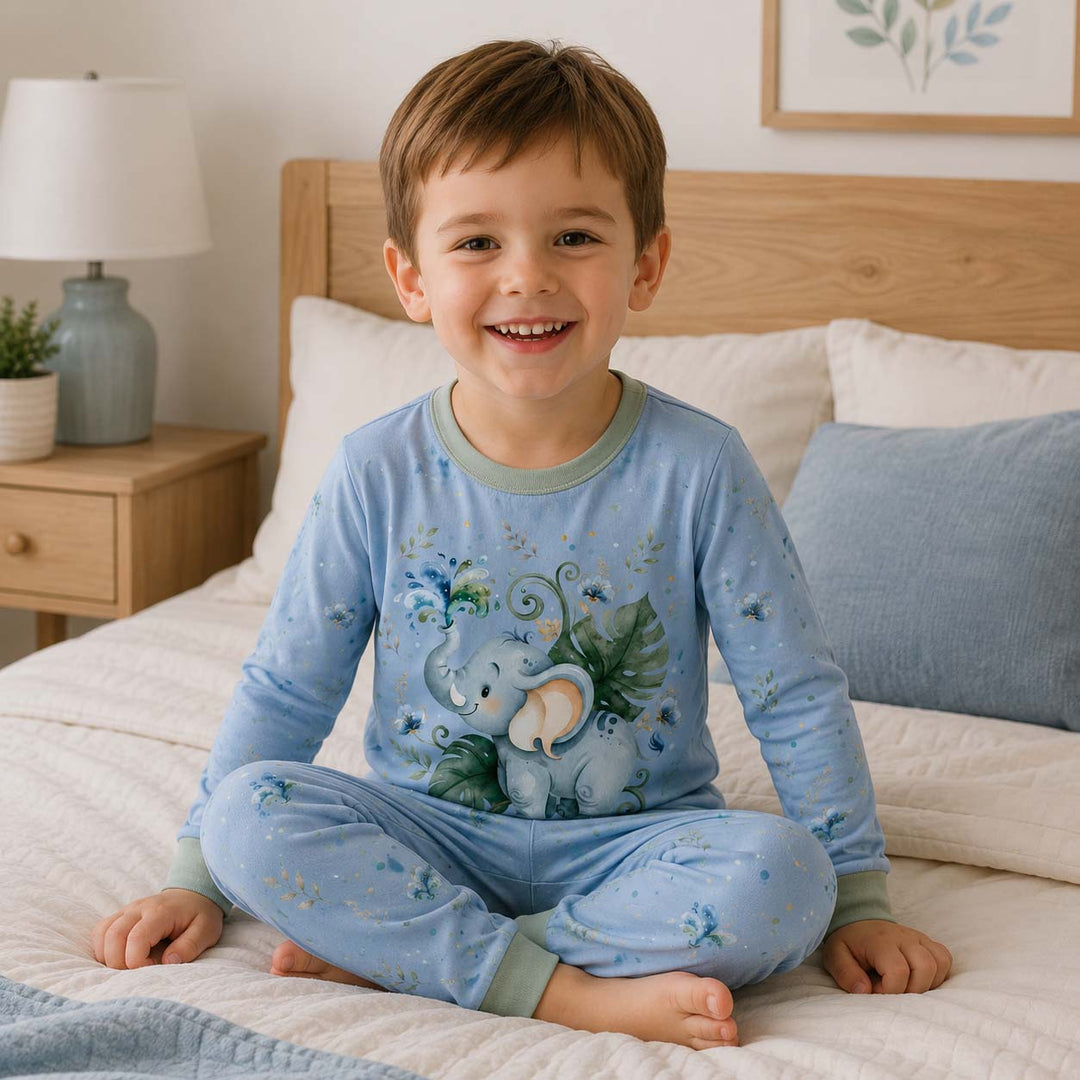 Blue Elephant Bloom Bamboo Two Piece Long Sleeve Pajama Set