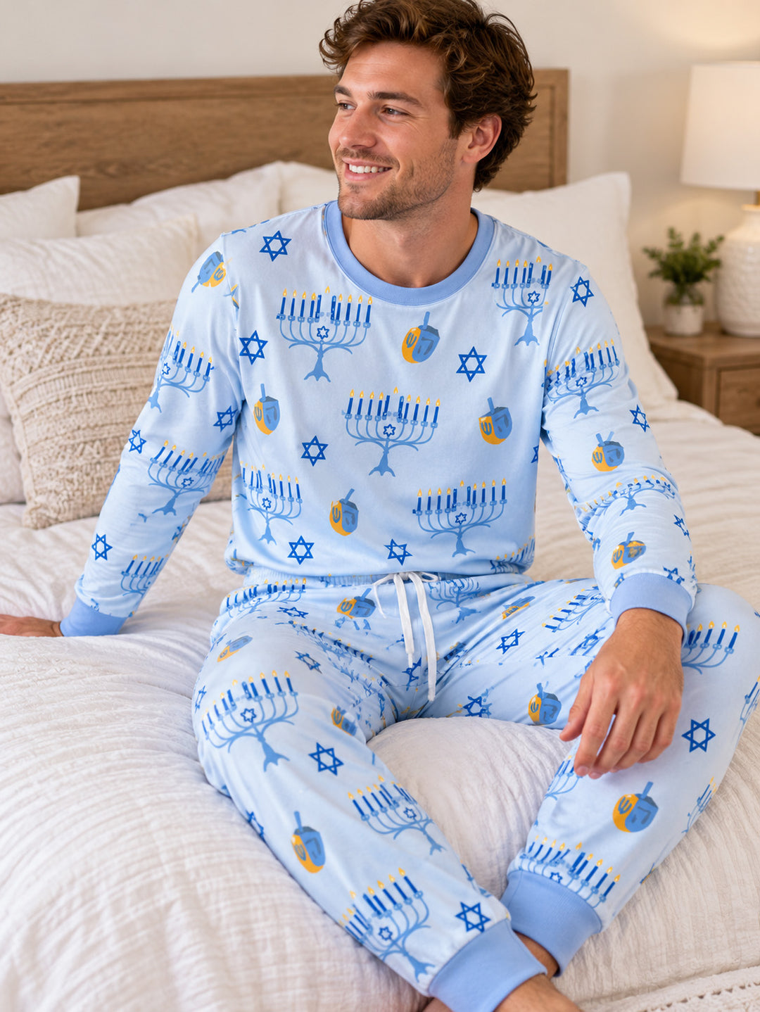 Blue Hanukkah Symbols Bamboo Men's Pajama Set