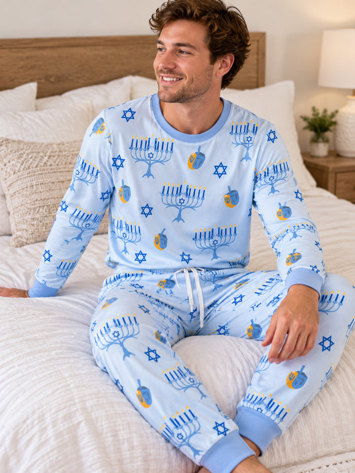 Blue Hanukkah Symbols Bamboo Men's Pajama Set