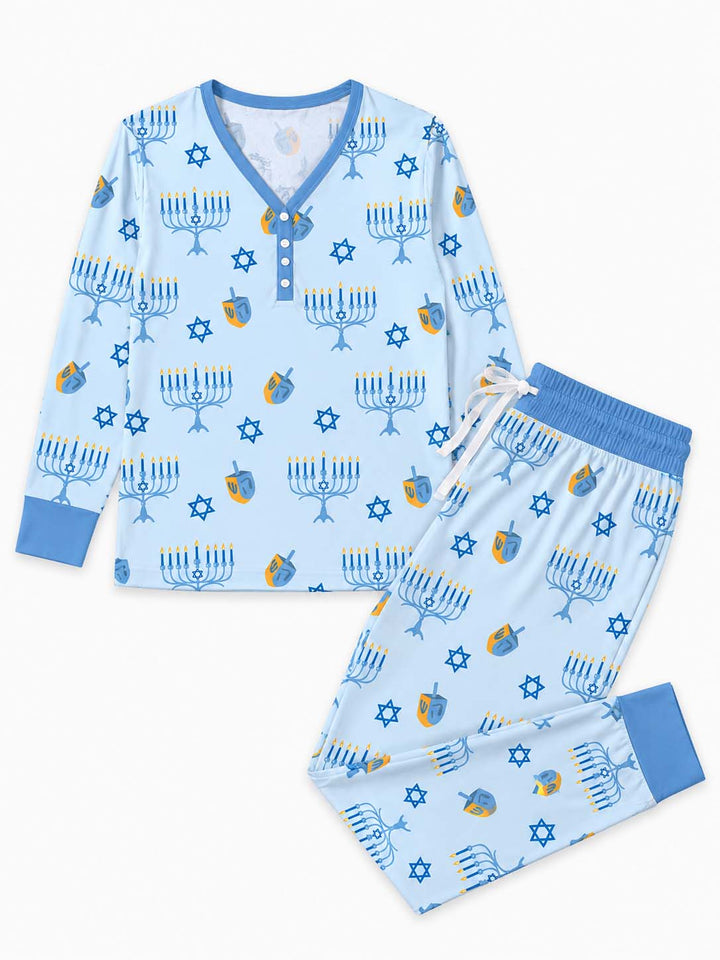Blue Hanukkah Symbols Bamboo Women Pajama Set