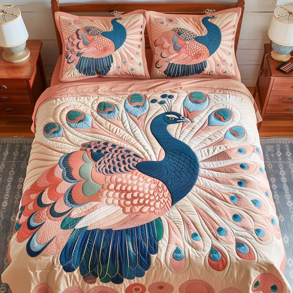 Blush Blue Peacock Elegance Bamboo Quilt Bedding Set