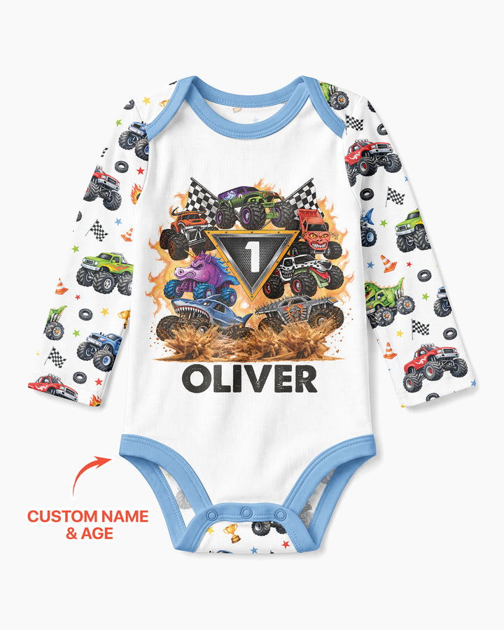 Personalized Monster Trucks Birthday Boy Bamboo Bodysuit