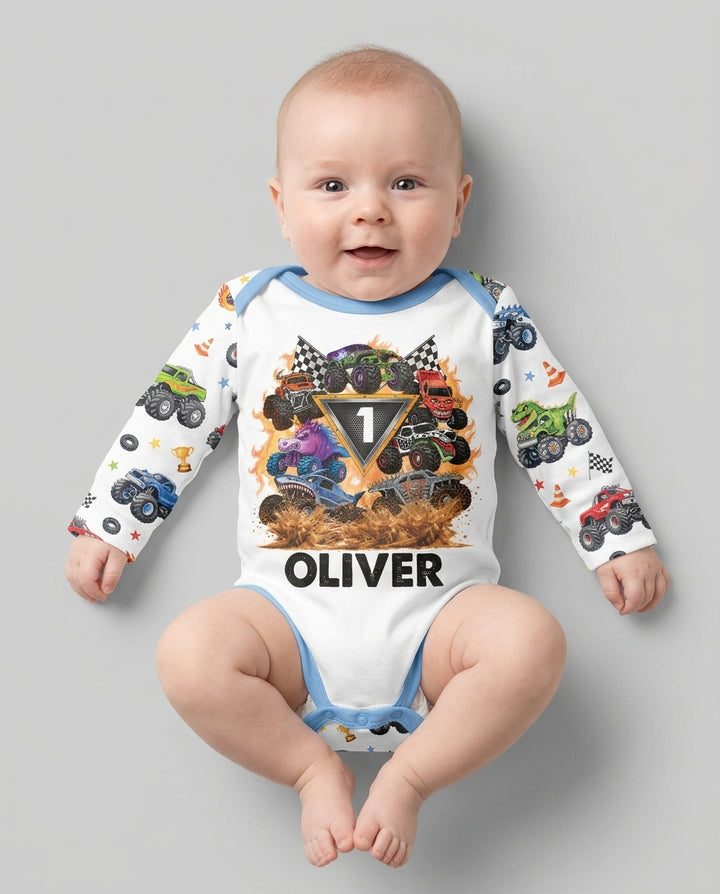 Personalized Monster Trucks Birthday Boy Bamboo Bodysuit