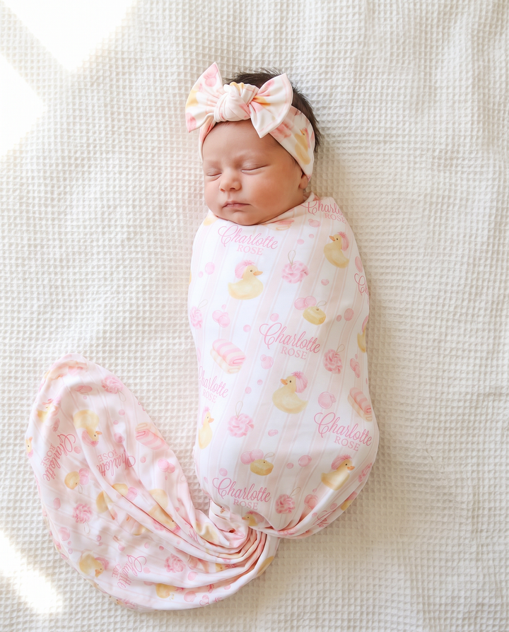 Personalized Bubble Duckies Pink Bamboo Swaddle Blanket