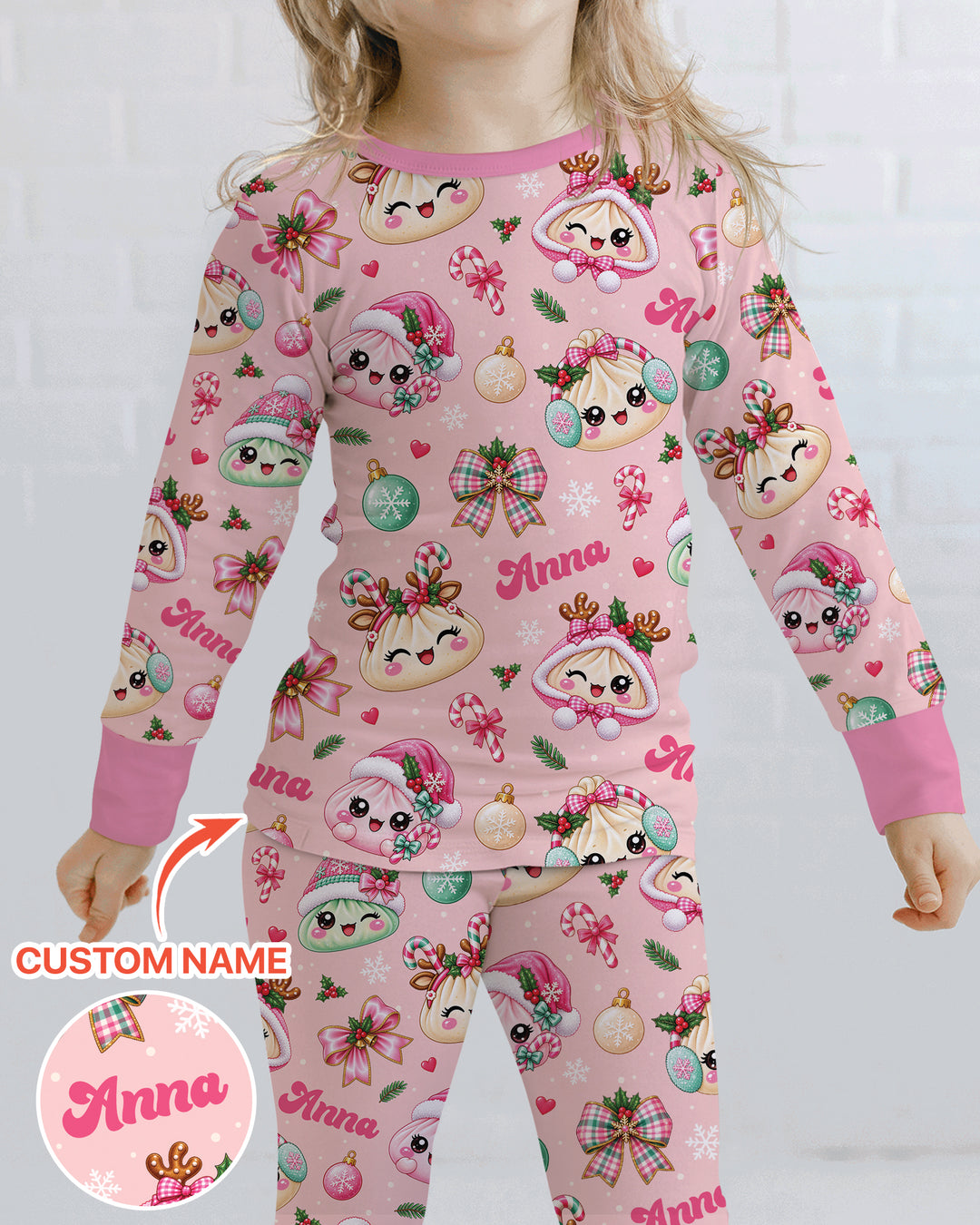 Custom Name Kawaii Christmas Dumpling Bamboo Two Piece Long Sleeve Pajama Set