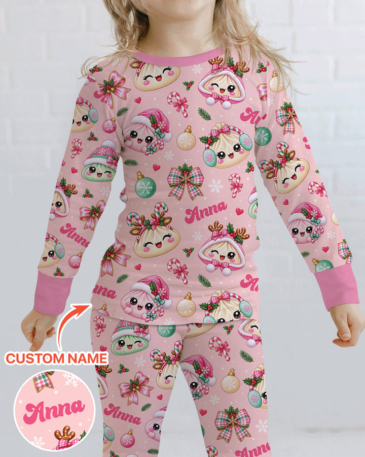 Custom Name Kawaii Christmas Dumpling Bamboo Two Piece Long Sleeve Pajama Set