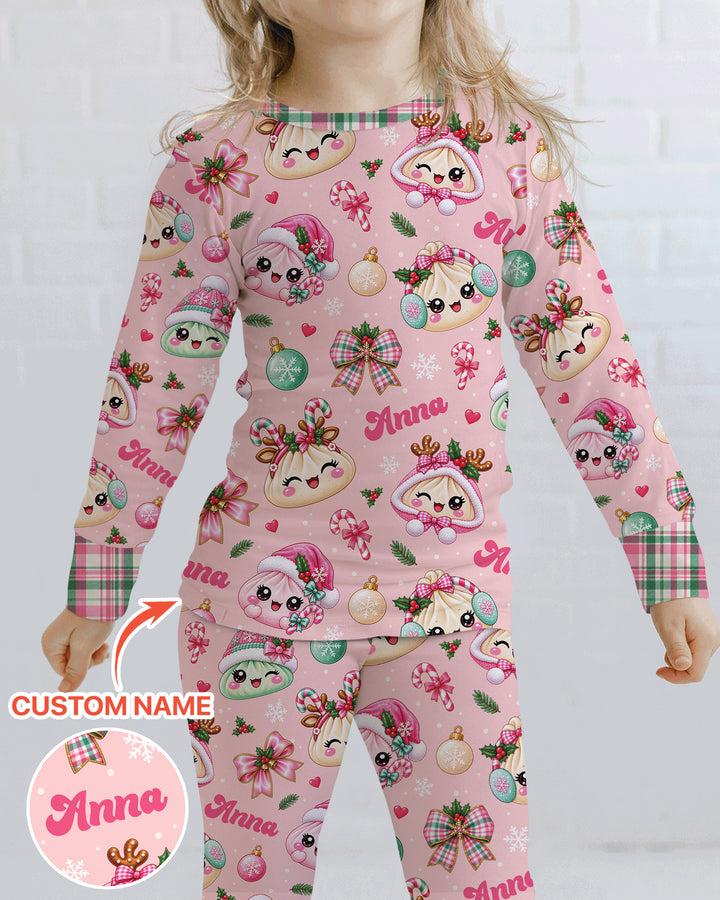 Custom Name Kawaii Christmas Dumpling Bamboo Two Piece Long Sleeve Pajama Set