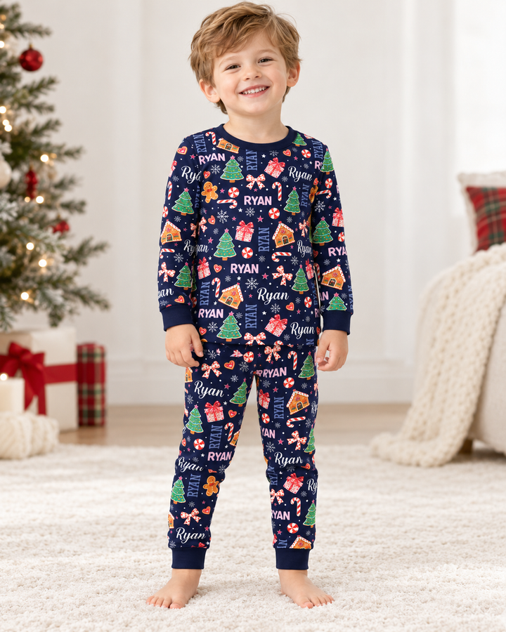 Custom Name Christmas Crew Family Matching Bamboo Two Piece Long Sleeve Pajama Set