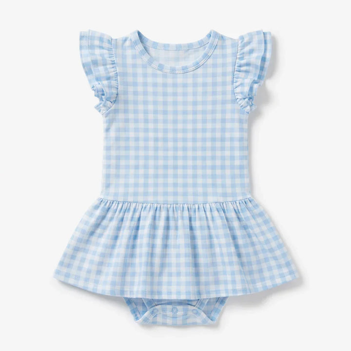 Gingham-Bambus-Kleid mit Rüschen und kurzen Ärmeln