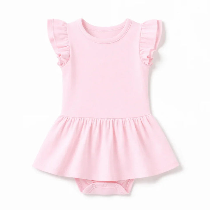 Einfarbiges Bambus-Rüschenkleid mit Kappenärmeln