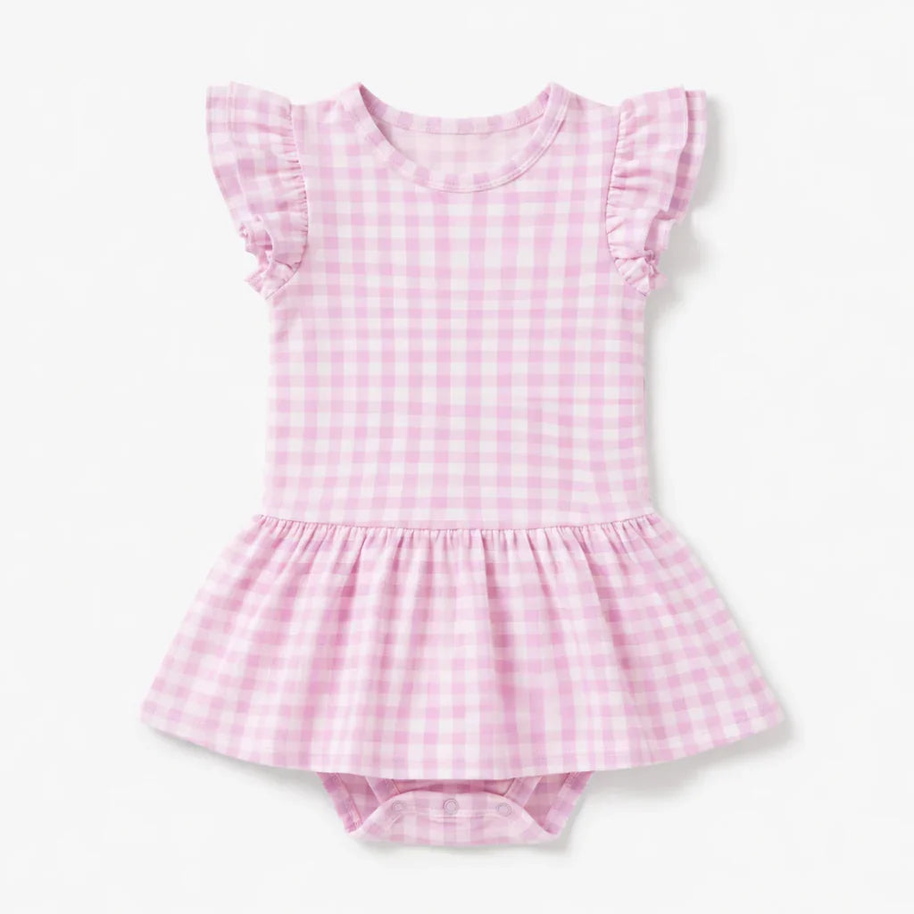 Gingham-Bambus-Kleid mit Rüschen und kurzen Ärmeln