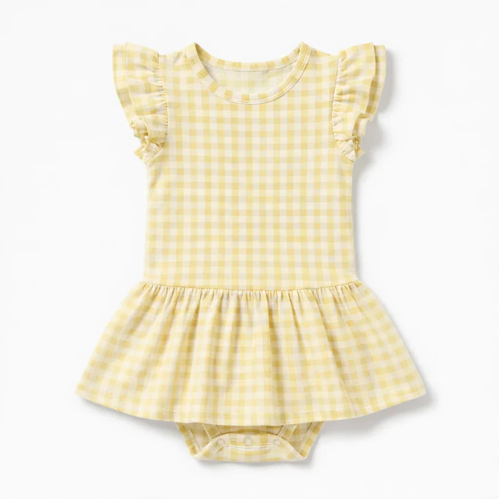 Gingham-Bambus-Kleid mit Rüschen und kurzen Ärmeln