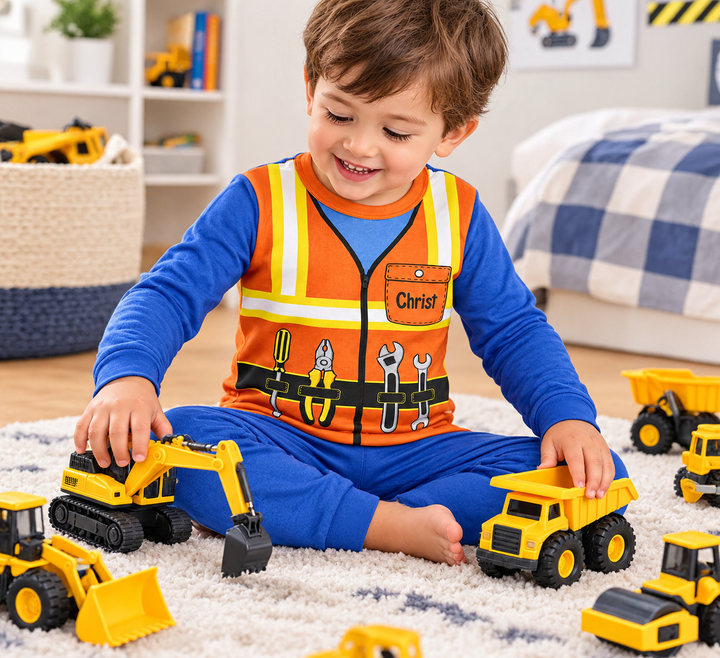 Construction Worker Custom Name Bamboo Two Piece Long Sleeve Pajama Set