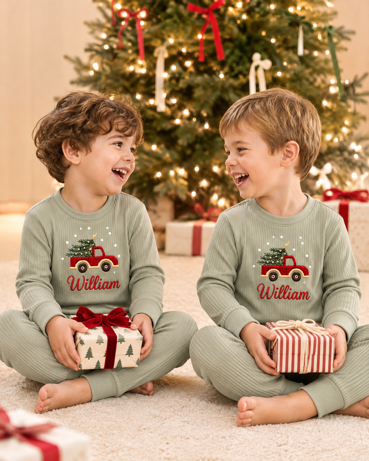 Vintage Holiday Truck Embroidered Ribbed Bamboo Two Piece Long Sleeve Pajama Set