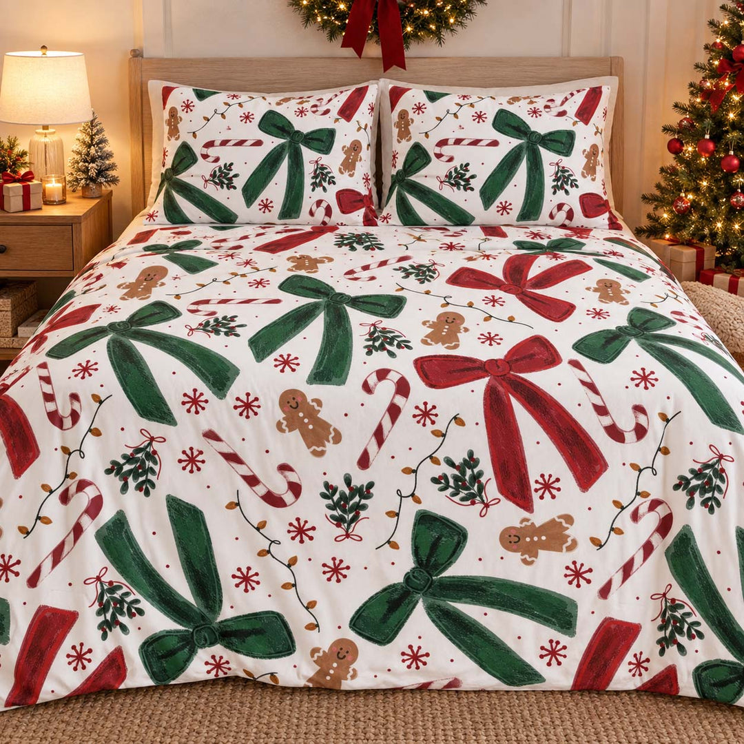 Christmas Bows Candy Canes and Gingerbread Bamboo Bedding Set