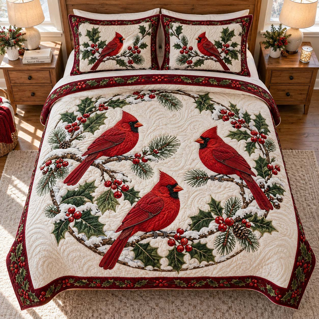 Christmas Cardinal Holly Bamboo Quilt Bedding Set
