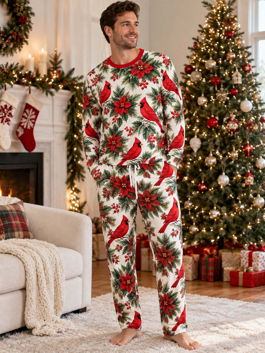 Christmas Cardinal Poinsettia Bamboo Men's Pajama Set