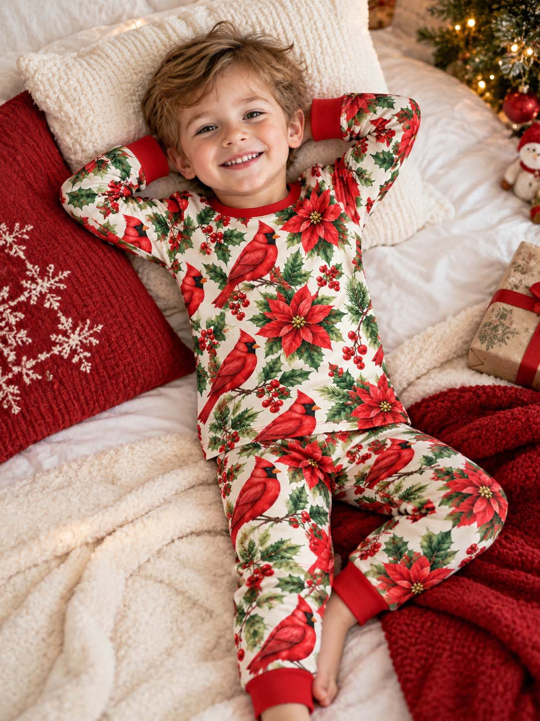 Christmas Cardinals and Poinsettias Bamboo Two Piece Long Sleeve Pajama Set