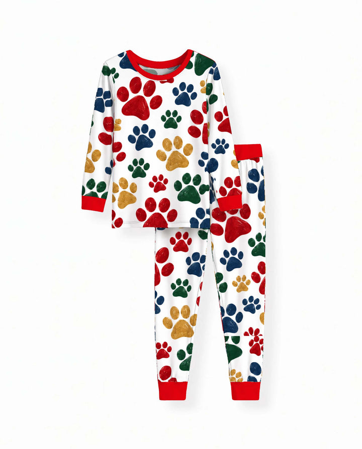Classic Christmas Color Paw Prints Bamboo Two Piece Long Sleeve Pajama Set