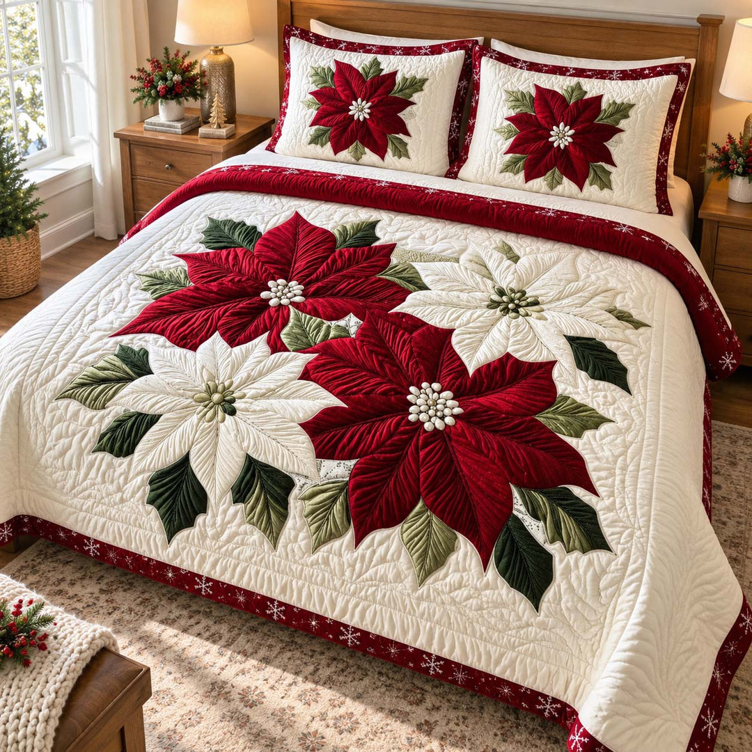 Classic Red Poinsettia Christmas Bamboo Quilt Bedding Set
