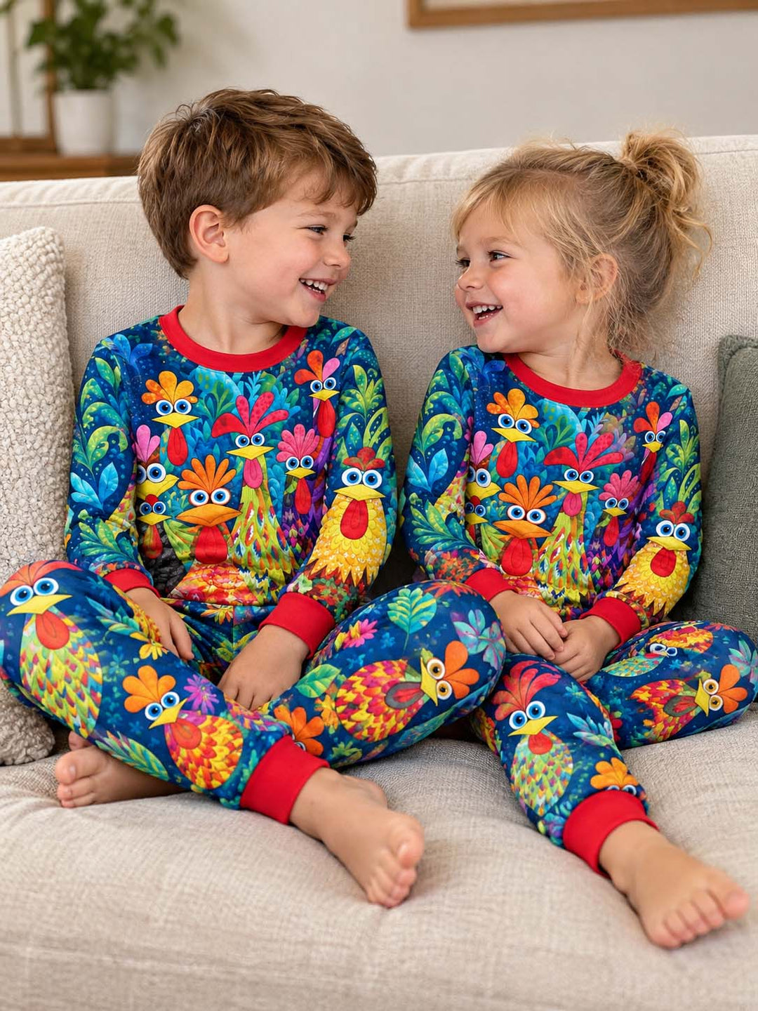 Colorful Chicken Garden Red Bamboo Two Piece Long Sleeve Pajama Set