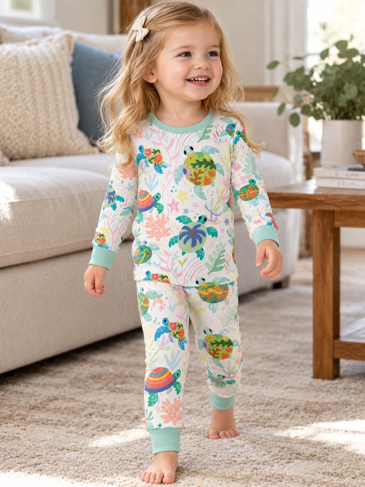 Colorful Coral Turtle Bamboo Two Piece Long Sleeve Pajama Set