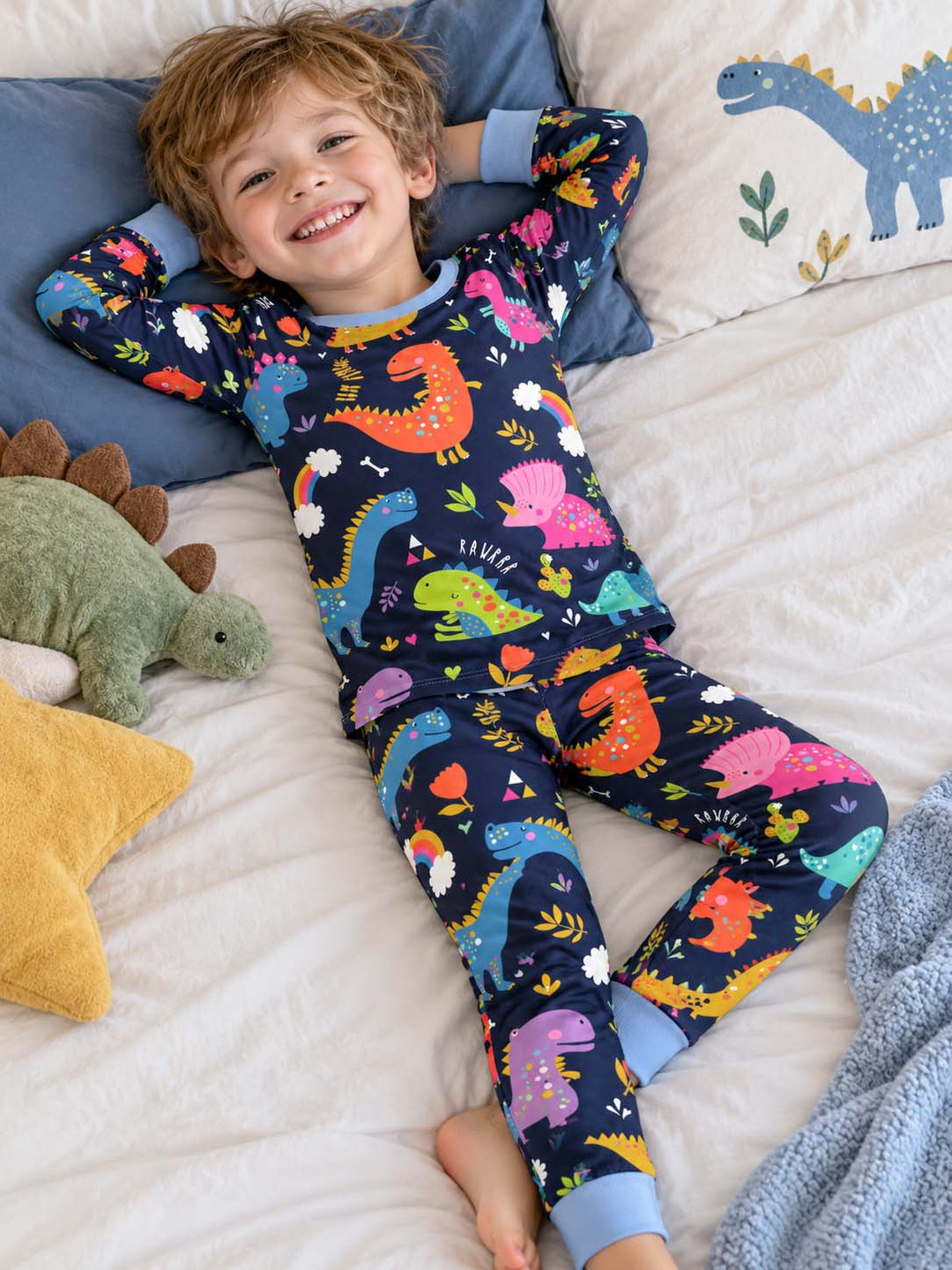 Colorful Dino Night Bamboo Two Piece Long Sleeve Pajama Set