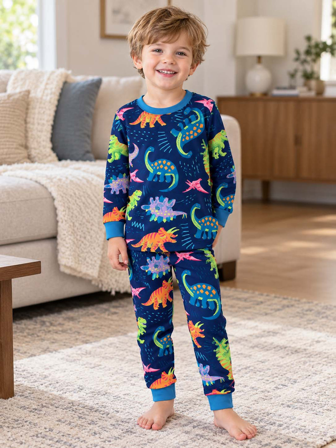 Colorful Dinosaur Night Bamboo Two Piece Long Sleeve Pajama Set