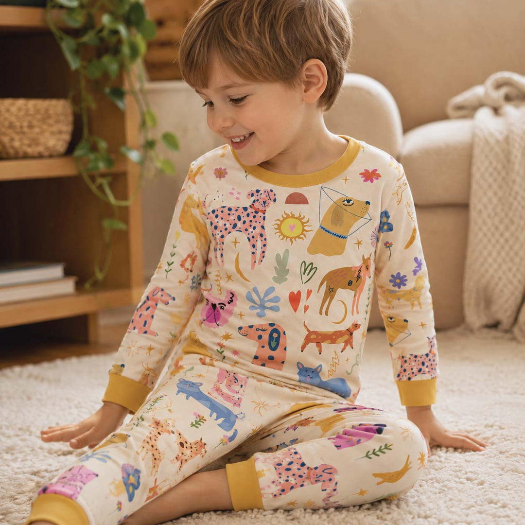 Colorful Dog Parade Bamboo Two Piece Long Sleeve Pajama Set