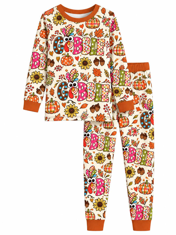 Colorful Fall Gobble Turkey Bamboo Two Piece Long Sleeve Pajama Set