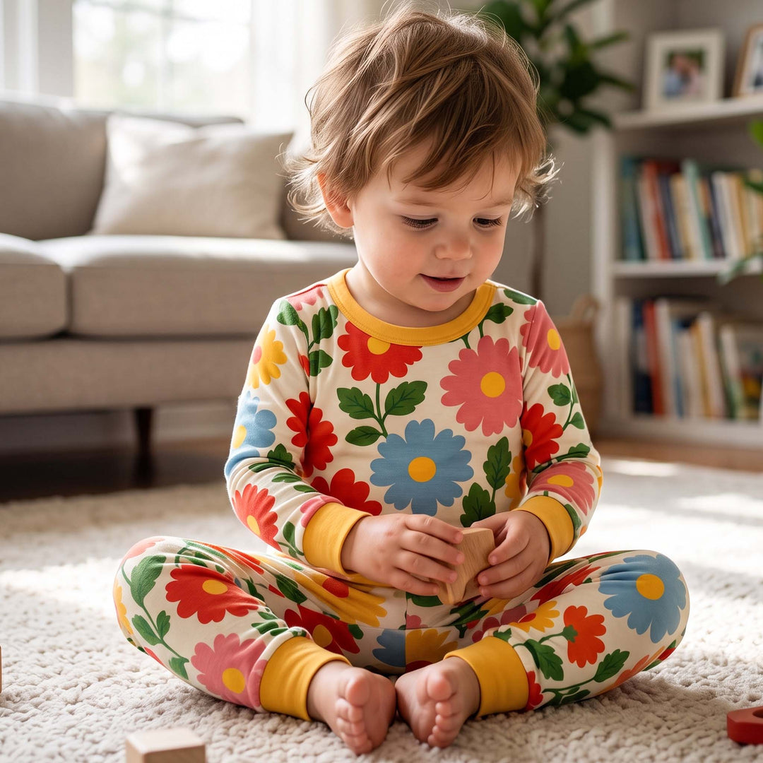 Colorful Floral Blossoms Bamboo Two Piece Long Sleeve Pajama Set