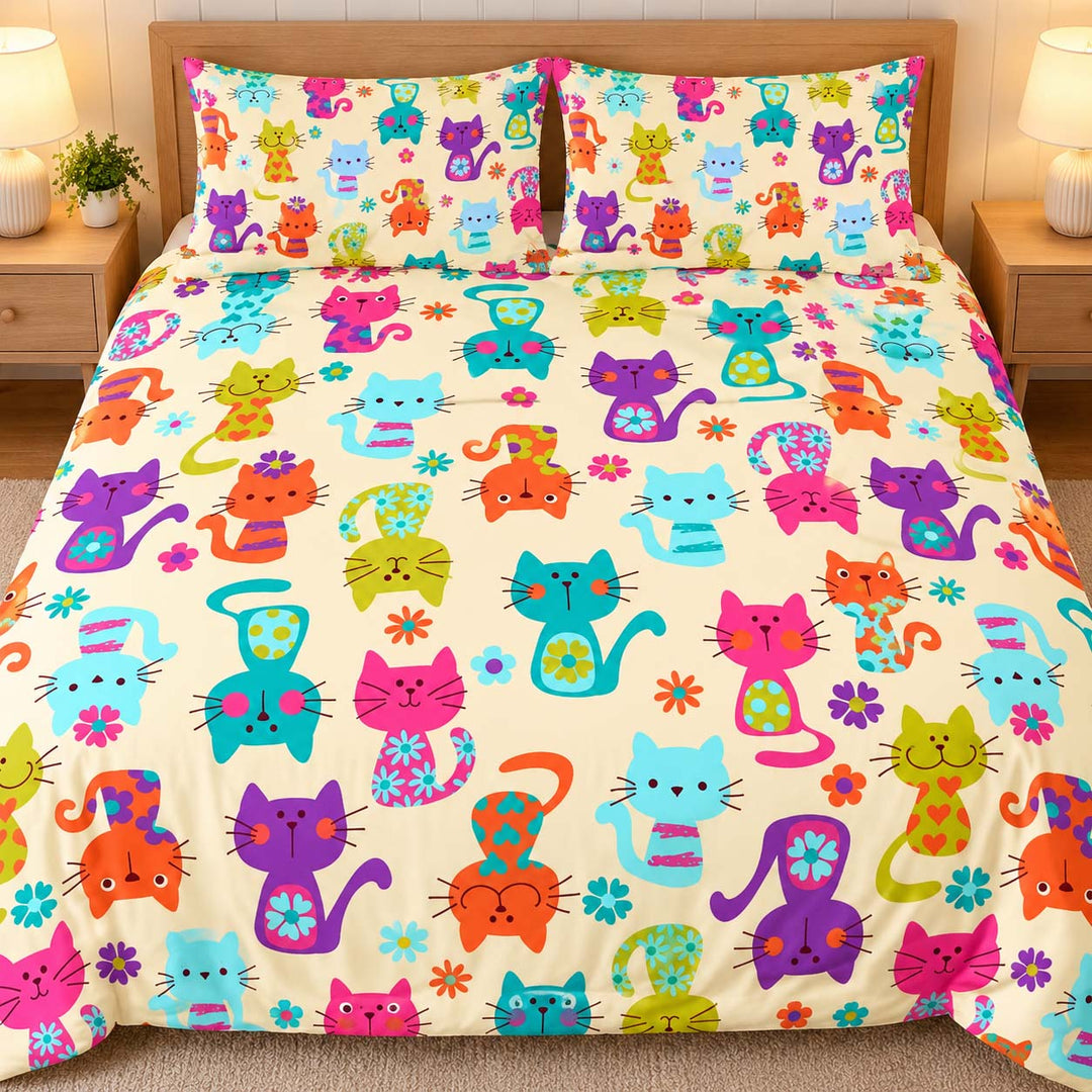 Colorful Floral Cats Bamboo Bedding Set