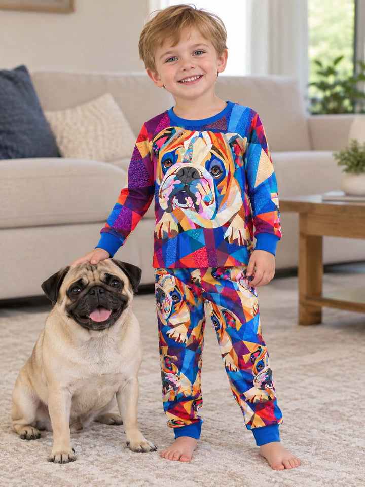 Colorful Patchwork Bulldog Bamboo Two Piece Long Sleeve Pajama Set