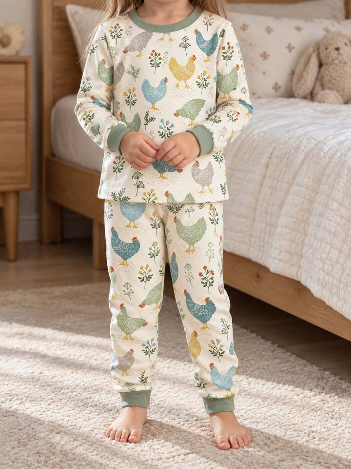 Colorful Patchwork Chicken Garden Bamboo Two Piece Long Sleeve Pajama Set