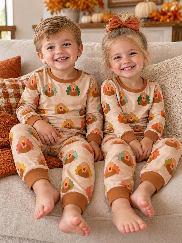 Colorful Turkey Pattern Bamboo Two Piece Long Sleeve Pajama Set