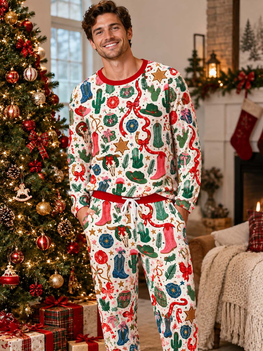 Colorful Western Christmas Bamboo Men's Pajama Set