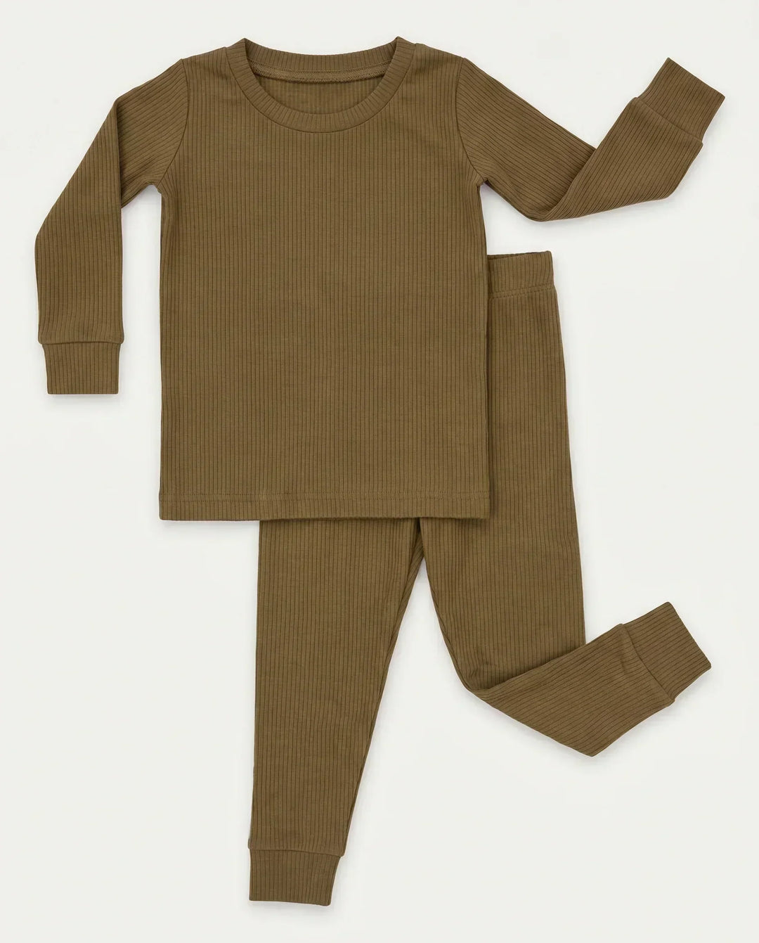 Waldgrünes, geripptes, zweiteiliges Pyjama-Set mit langen Ärmeln 