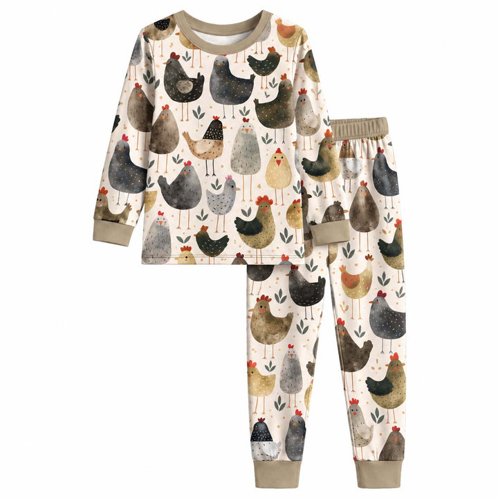 Country Chicken Pattern Bamboo Two Piece Long Sleeve Pajama Set