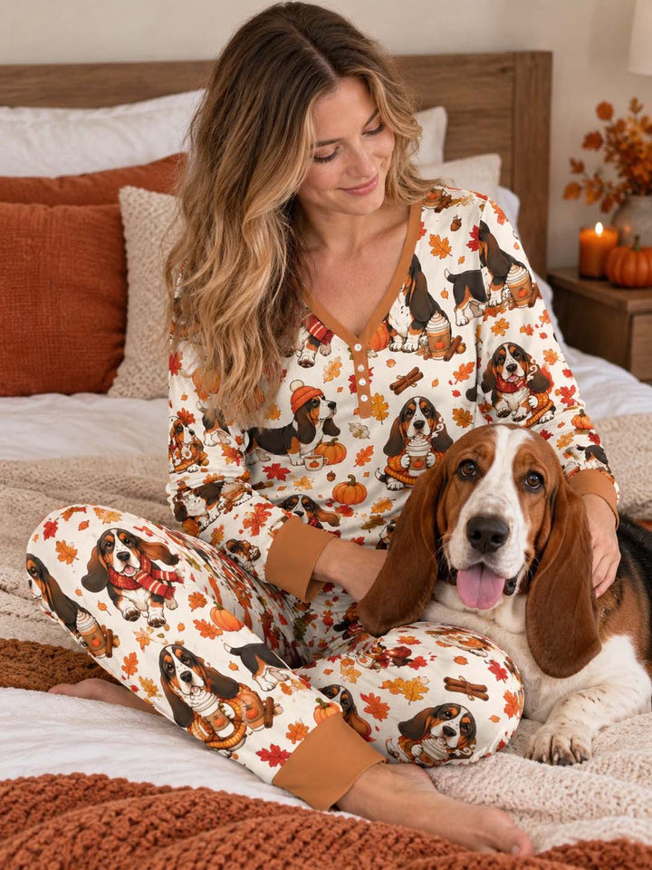 Cozy Autumn Basset Hounds Bamboo Women Pajama Set