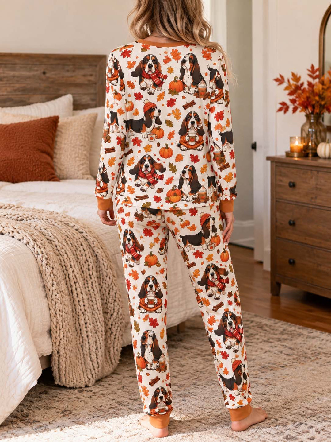Cozy Autumn Basset Hounds Bamboo Women Pajama Set
