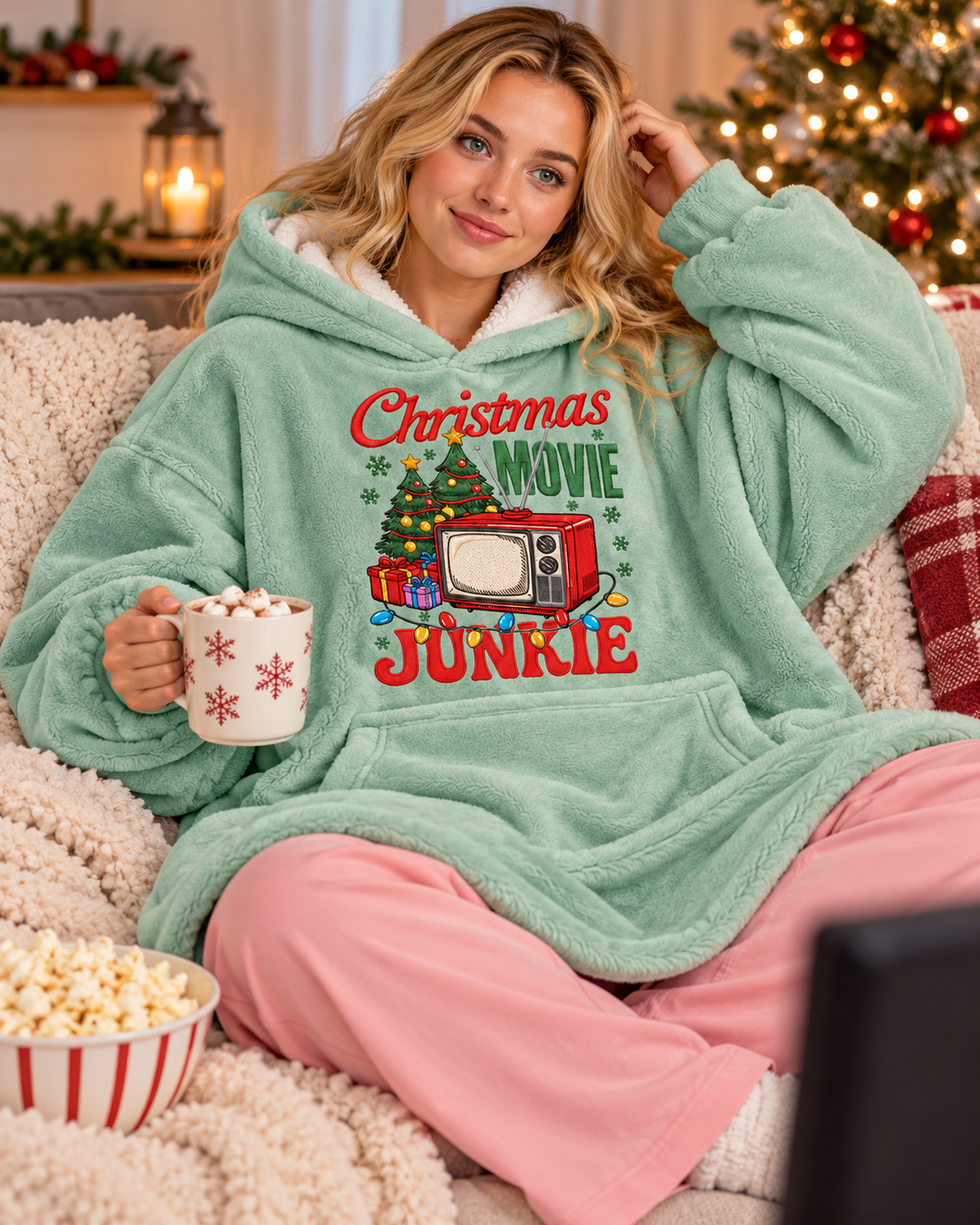 Christmas Movie Junkie Embroidered Bamboo Blanket Hoodie