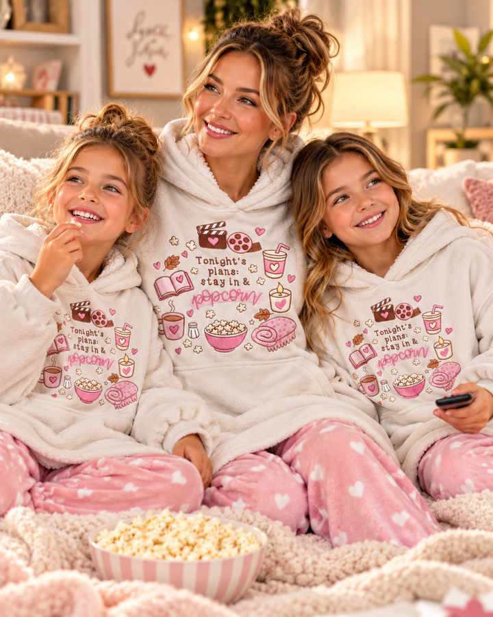 Tonight Plans: Stay In & Popcorn Embroidered Blanket Hoodie